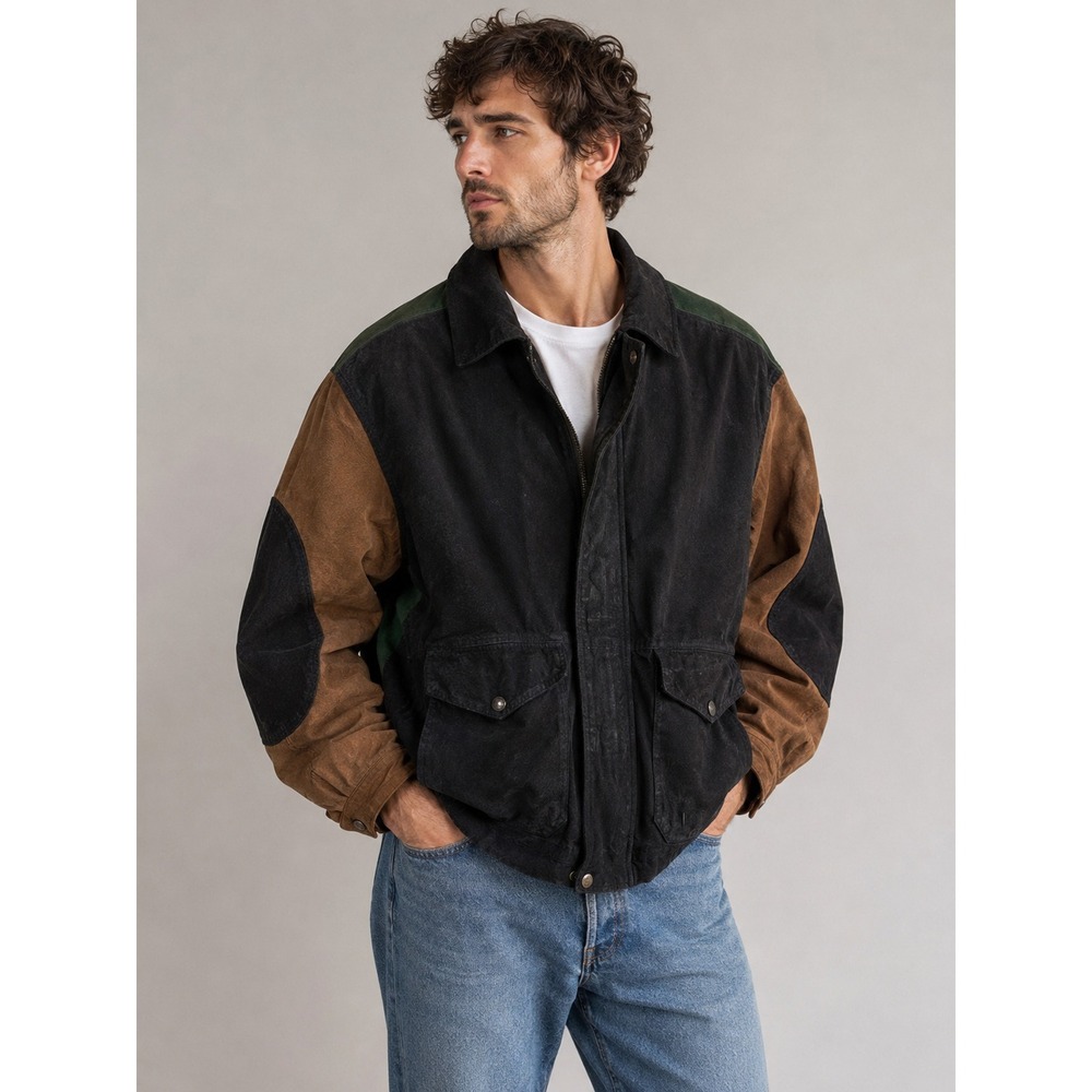Vintage Ash Creek Trading Suede Leather Jacket XL Colorblock 80s 90s Bomber READ